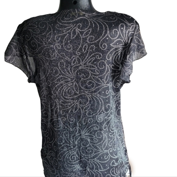 Champagne Black Sheer Silver Dot Patterned Short Sleeve Top L - Picture 4 of 7